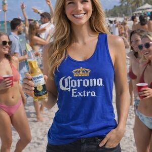 Corona Women's Blue Tank with White Logo and Gold Crown Accent
